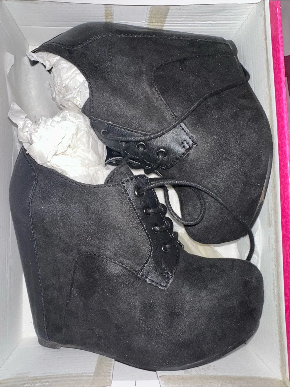 Penny Loves Kenny Mora Black Wedge Lace-Up Ankle Booties NIB